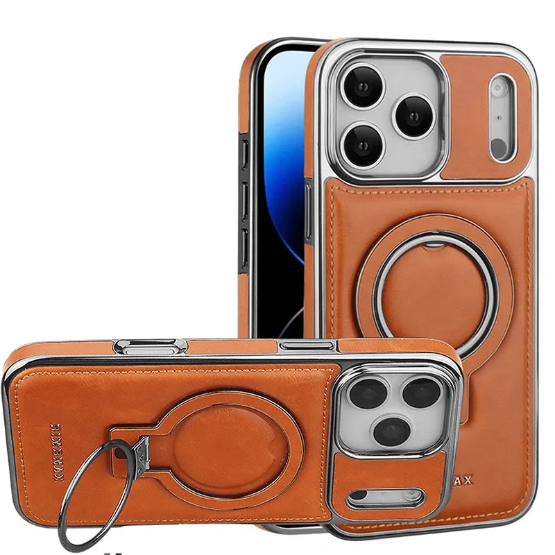 Capa de Couro Luxo Premium com Suporte Magnético para iPhone